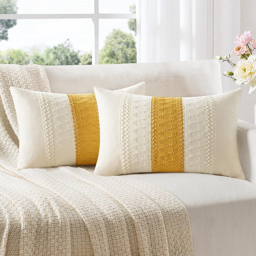 8768 Set of 2 Mustard Yellow Boho Decorative Throw Pillow Covers 12x20 Inch